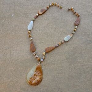 Vintage Big Brown & Tan Agate Sun Mandala Pendant Long Boho Beaded Necklace